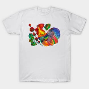 Magic cock. Petrykivka painting. Rainbow rooster T-Shirt